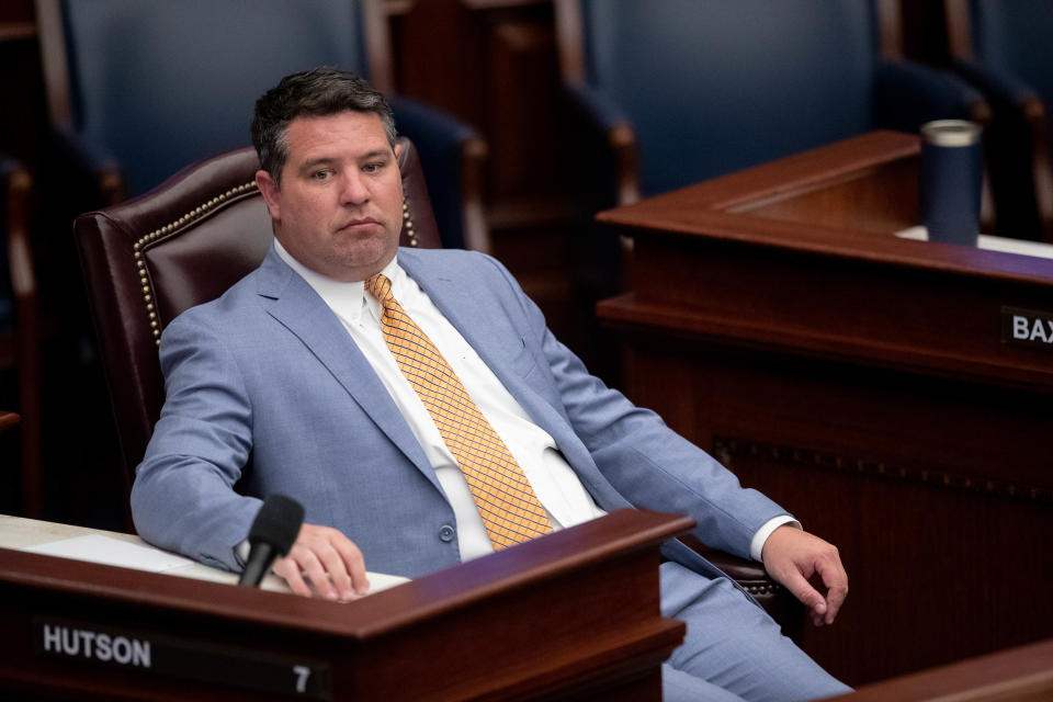 Sen. Travis Hutson sits at his desk on the first day of the Florida legislature's 2021 special session on gambling at the Capitol Monday, May 17, 2021. 