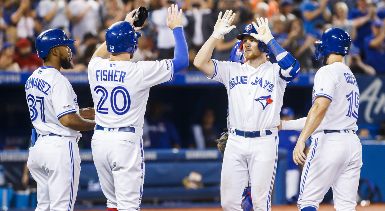 The Blue Jays' offence was absolutely electric in their series-opener against the Texas Rangers at the Rogers Centre on Monday night. (Photo by Mark Blinch/Getty Images)