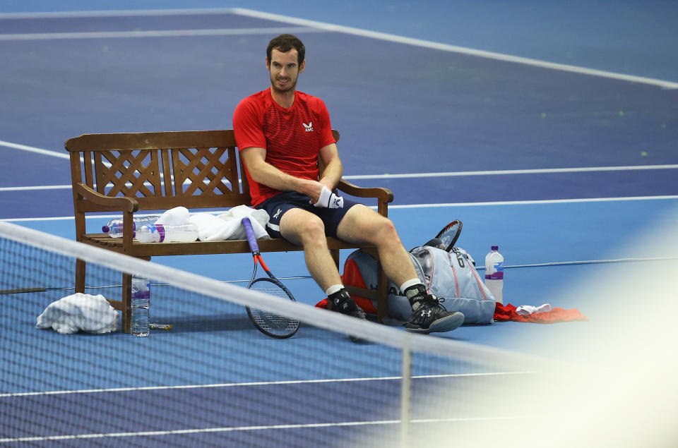 Andy Murray looks on during their round robin match against Cameron Norrie during Day Three of the Battle of the Brits Premier League of Tennis at the National Tennis Centre on December 22, 2020 in London, England.