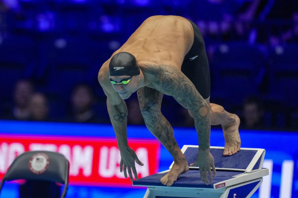 Caeleb Dressel swims during the Men's 50 freestyle finals Friday, June 21, 2024, at the US Swimming Olympic Trials in Indianapolis. (AP Photo/Michael Conroy)