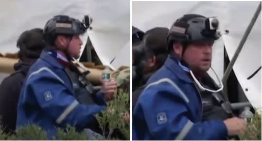 Guy Reffitt, seen wearing a blue jacket and helmet, was filmed appearing to stand behind police lines at the U.S. Capitol during the Jan. 6 attack that left five people dead. (Photo: justice.gov)