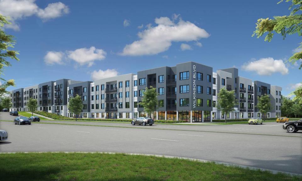 Madison Capital Group is developing a 253-unit apartment project along Wilkinson Boulevard, near West Morehead Street. It’s one of two larger apartment projects in the area. Rendering courtesy of Humphreys & Partners Architects