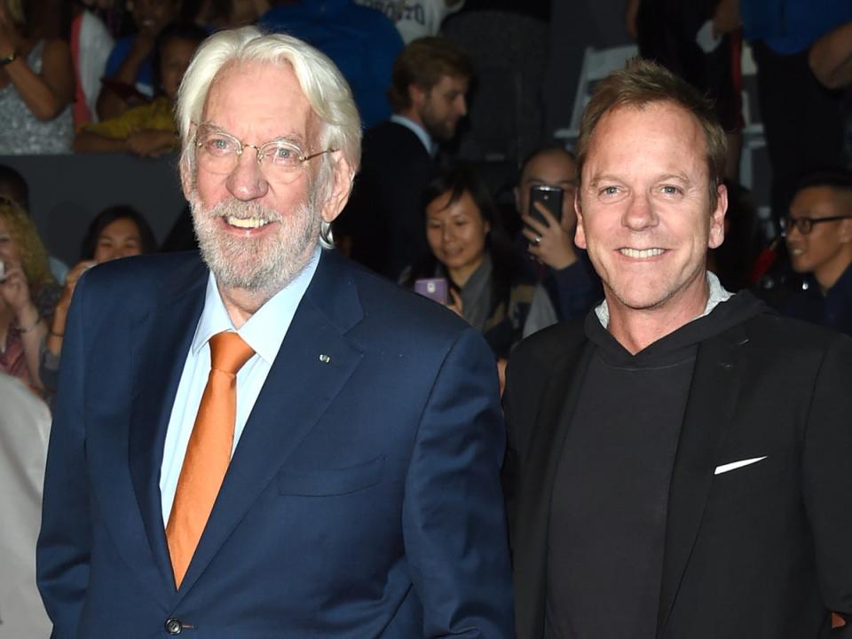 Actors Donald Sutherland (L) and Kiefer Sutherland attend the ‘Forsaken’ premiere during the 2015 Toronto International Film Festival at Roy Thomson Hall on 16 September, 2015 in Toronto, Canada (Getty Images)