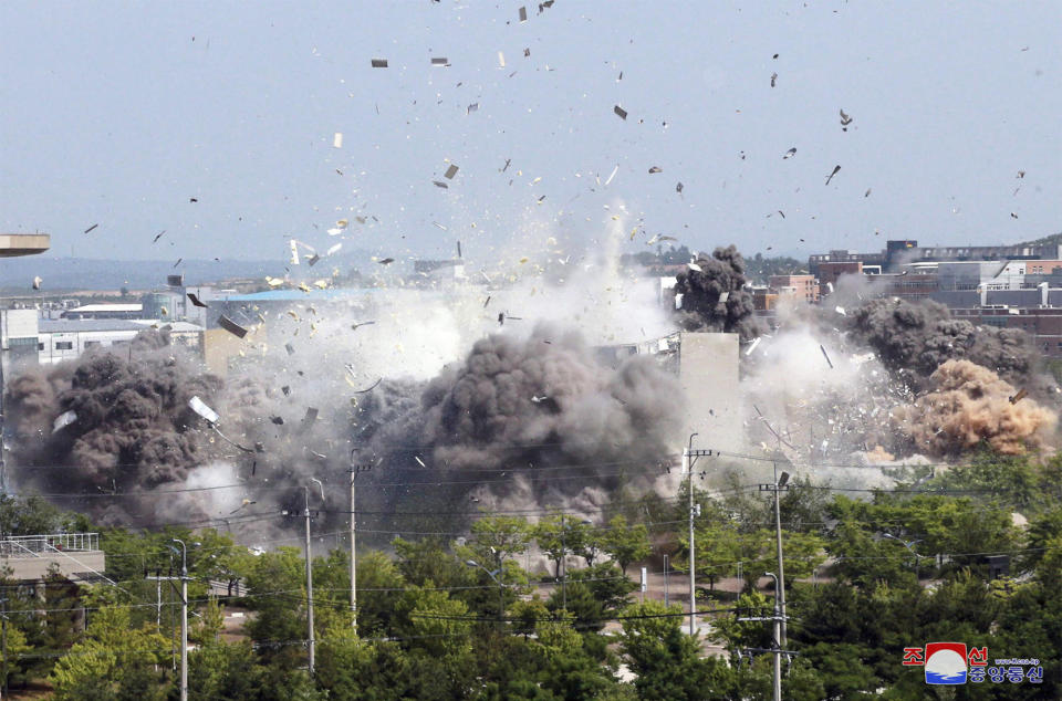 This photo provided by the North Korean government shows the demolition of an inter-Korean liaison office building in Kaesong, North Korea, Tuesday, June 16, 2020. South Korea says that North Korea has exploded the inter-Korean liaison office building just north of the tense Korean border. Independent journalists were not given access to cover the event depicted in this image distributed by the North Korean government. The content of this image is as provided and cannot be independently verified. (Korean Central News Agency/Korea News Service via AP)