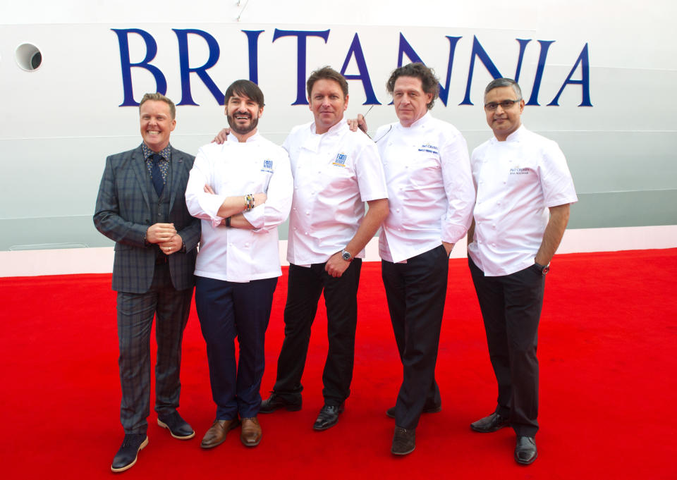 Celebrity chefs - Eric Lanlard, James Martin, Marco Pierre White and Atul Kochhar attending the naming ceremony for the P&O Cruises' new liner, Britannia at Ocean Cruise Terminal in Southampton. (Photo by Zak Hussein/Corbis via Getty Images)