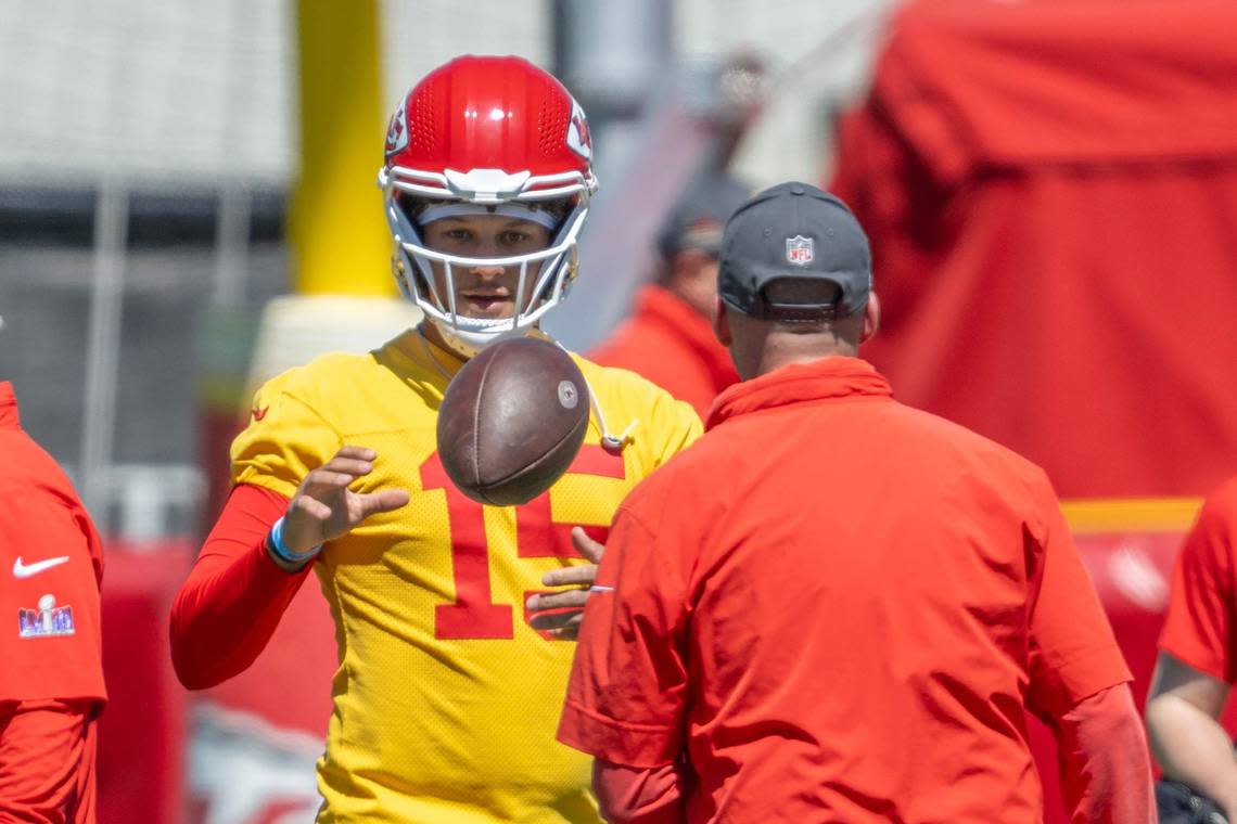 Kansas City Chiefs quarterback Patrick Mahomes (15) warms up during practice at the Chiefs training complex on Friday, June 7, 2024, in Kansas City.