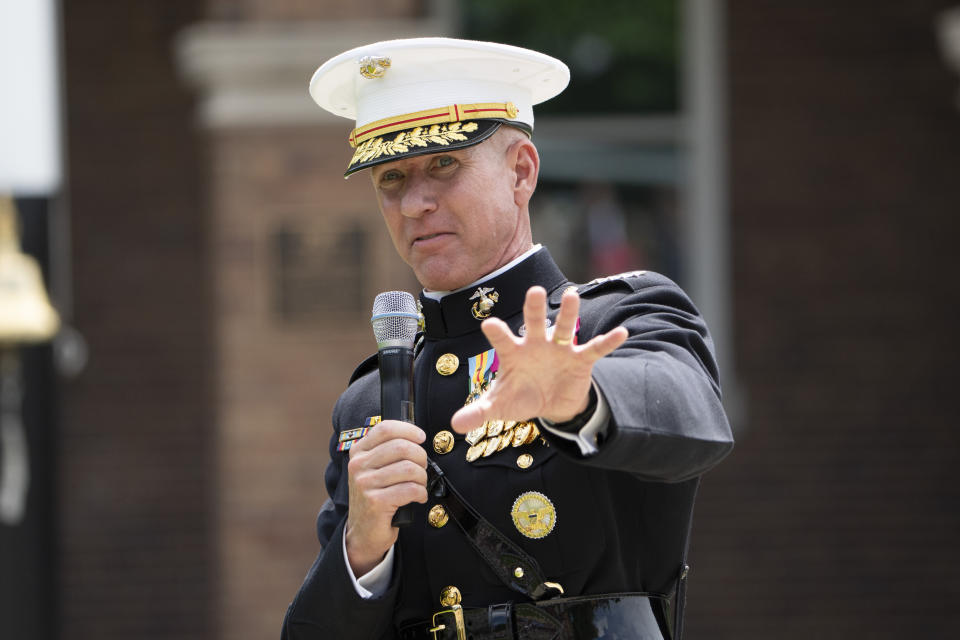 Acting Commandant of the U.S. Marine Corps Gen. Eric Smith speaks during a relinquishment of office ceremony for U.S. Marine Corps Gen. David Berger on Monday, July 10, 2023, at the Marine Barracks in Washington. Smith has been nominated to be the next leader, but will serve in an acting capacity because he hasn't been confirmed by the Senate. Berger's term as Commandant of the U.S. Marine Corps expired Monday. (AP Photo/Manuel Balce Ceneta)