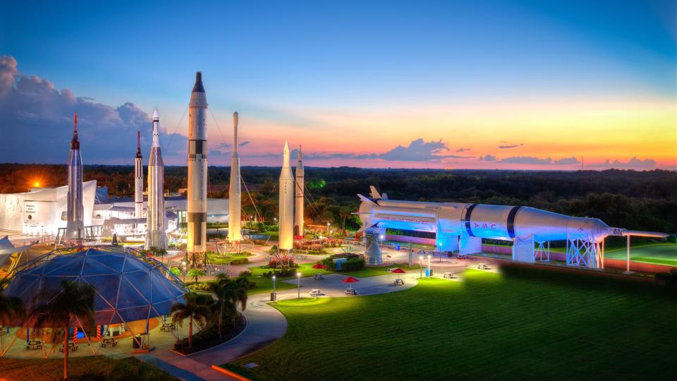 The Rocket Garden at Kennedy Space Center Visitor Complex is pictured at sunset.