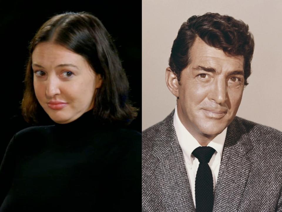 left: pepper martin, a young woman with a bob looking doubtful; right: dean martin, in a portrait wearing a grey suit