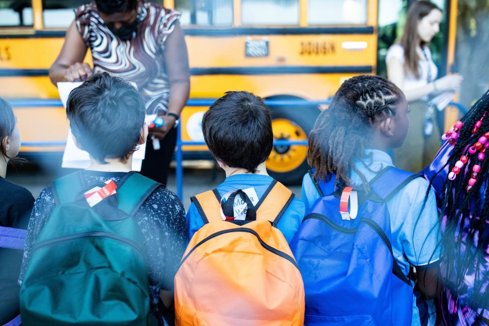 Students at Sabal Palm Elementary School make their way through the halls to get to their classrooms on the first day of school Thursday, Aug. 10, 2023. 