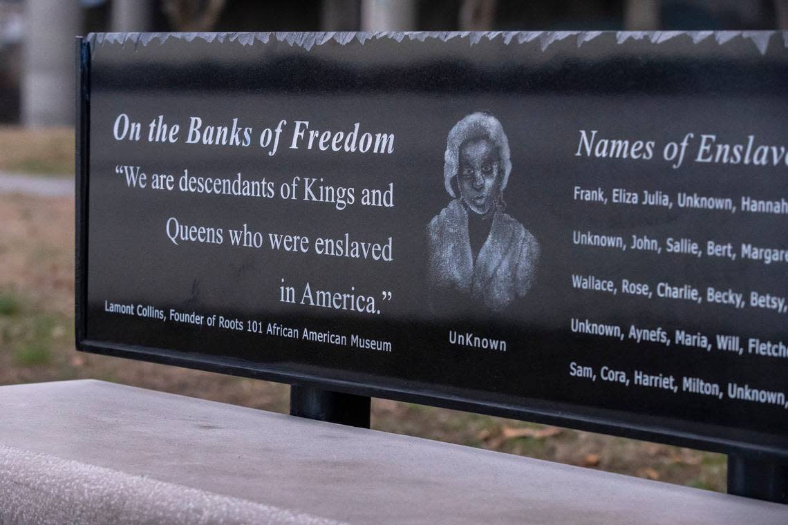 The (Un)Known Project installation near the Ohio River in downtown Louisville, Ky., includes benches with the names of enslaved Kentuckians.