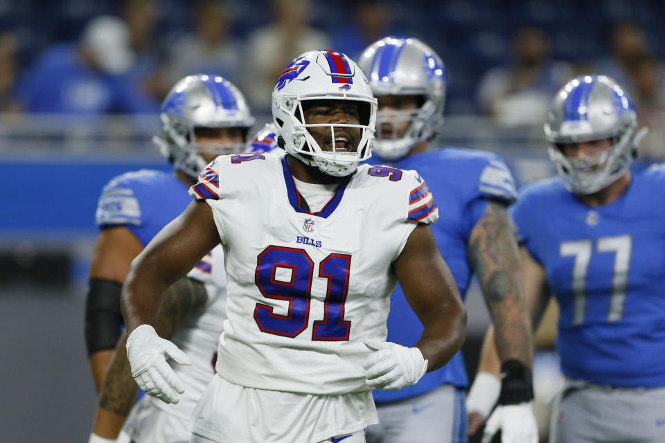 Buffalo Bills defensive tackle Ed Oliver (91) reacts after sacking Detroit Lions quarterback Jared Goff during the first half of a preseason NFL football game, Friday, Aug. 13, 2021, in Detroit. (AP Photo/Duane Burleson)