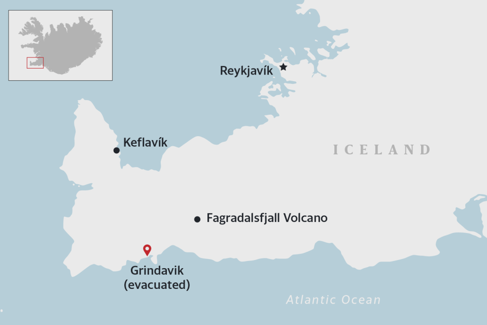 Um mapa da Islândia mostra a cidade de Grindavik localizada no sudoeste do país.