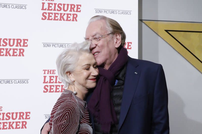 Donald Sutherland, seen with "Leisure Seeker" co-star Helen Mirren, has died. File Photo by John Angelillo/UPI