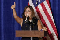 Sen. Martha McSally, R-Ariz., speaks at a Veterans for Trump campaign rally, Friday, Sept. 18, 2020, in Litchfield Park, Ariz. (AP Photo/Matt York)