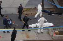 <p>Authorities investigate the scene near a covered body on a bike path after a motorist drove onto the path near the World Trade Center memorial, striking and killing several people, Tuesday, Oct. 31, 2017, in New York. (Photo: Bebeto Matthews/AP) </p>