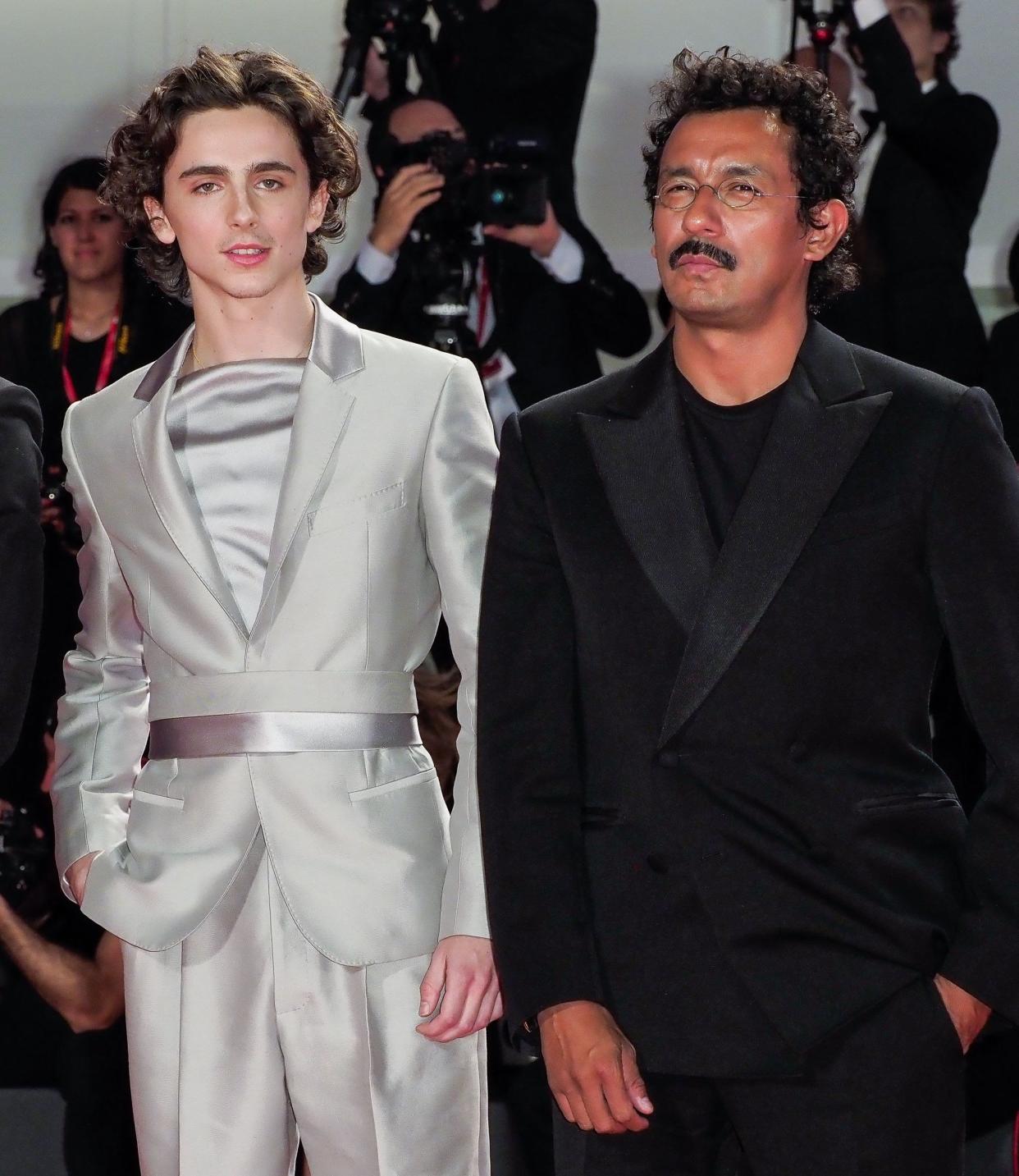 Timothée Chalamet and Haider Ackermann at the Venice Film Festival premiere of The King