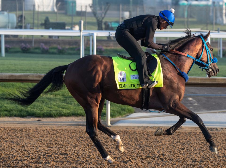 Kentucky Derby hopeful Simplification takes to the track at  Churchill Downs for the first time for a morning jog. May 2, 2022