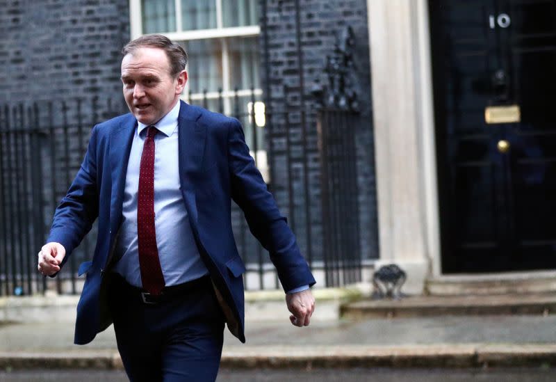 Britain's Secretary of State for Environment, Food and Rural Affairs George Eustice leaves Downing Street 10 in London