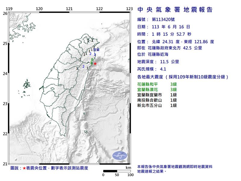 地震報告。（圖／翻攝自中央氣象局）