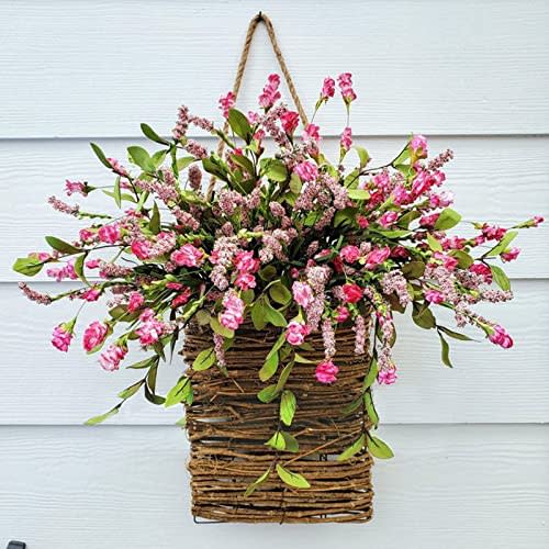 Pink Berry Wildflower Door Hanger Basket Wreath, Seasonal Welcome Sign Front Door Decoration, Spring Hanging Ornament