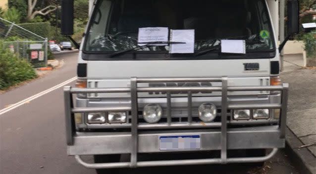 This Winnebago was found parked in a Mosman street with three notes attached to it. Source: Twitter/ Dannielle Miller