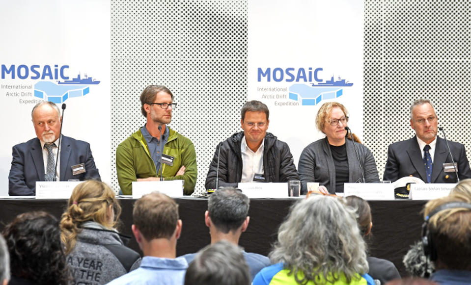 From left, Vladimir Sokolov, co-coordinator of Mosaic Matthew Shupe, expedition leader Markus Rex, scientist Pauline Snoeijs-Leijonmalm and captain Stefan Schwarze take part in a press conference in Tromso, Norway, Friday Sept. 20, 2019, as scientists are preparing to launch the biggest and most complex research expedition ever attempted in the central Arctic. The 140-million euro ($158 million) expedition will see scientists from 19 countries on a yearlong journey through the ice that they hope will improve the scientific models that underpin our understanding of climate change. (Rune Stoltz Bertinussen/NTB Scanpix)