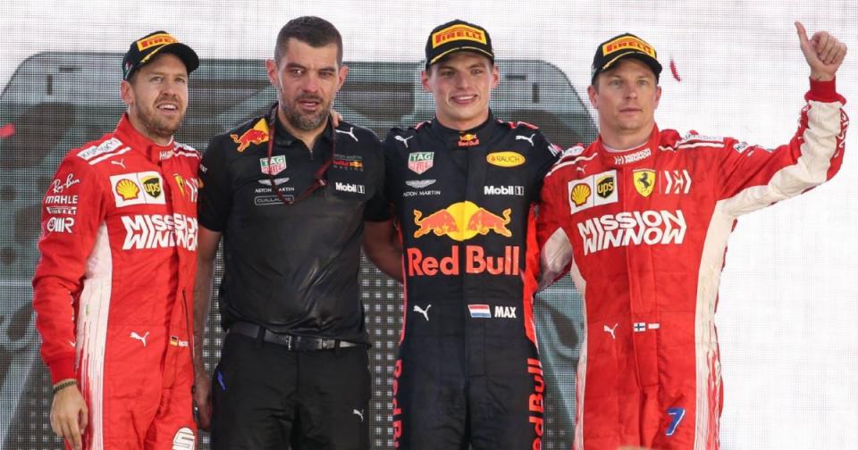 Max Verstappen with Guillaume Rocquelin and Ferrari drivers. Mexico October 2018. Credit: Alamy