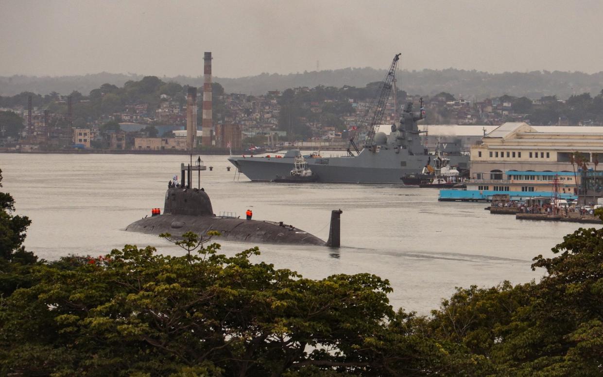 The Russian nuclear-powered submarine Kazan, part of the Russian naval detachment visiting Cuba, arrives at Havana's harbour