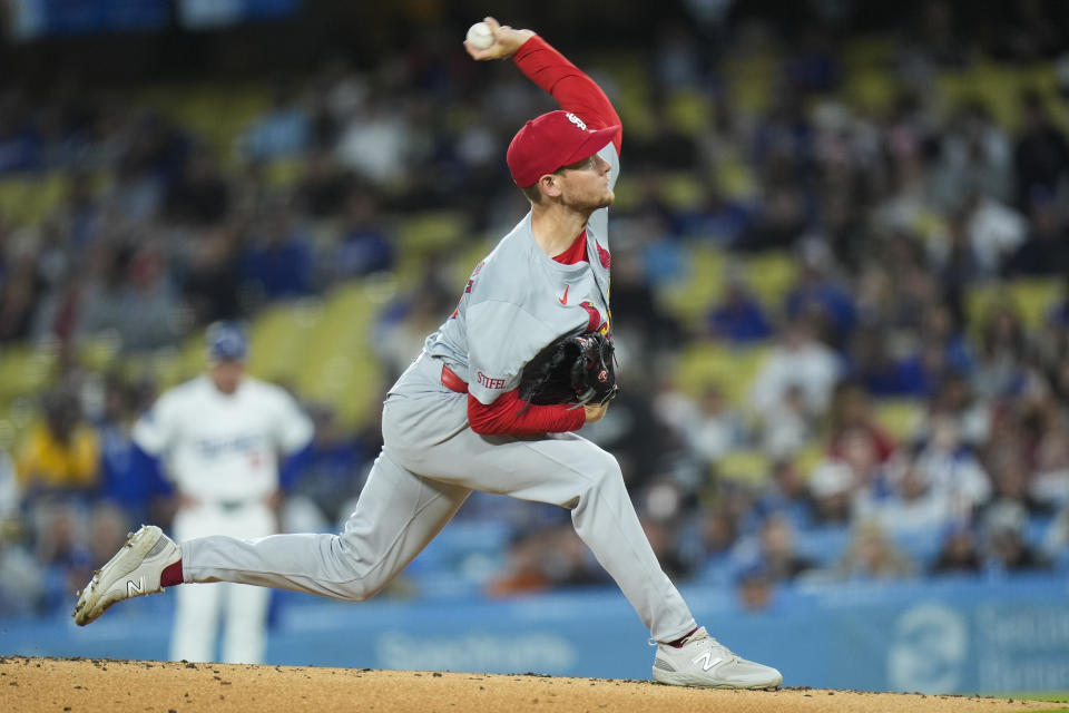 St. Louis Cardinals starting pitcher Zack Thompson throws against the Los Angeles Dodgers during the first inning of a baseball game Friday, March 29, 2024, in Los Angeles. (AP Photo/Jae C. Hong)