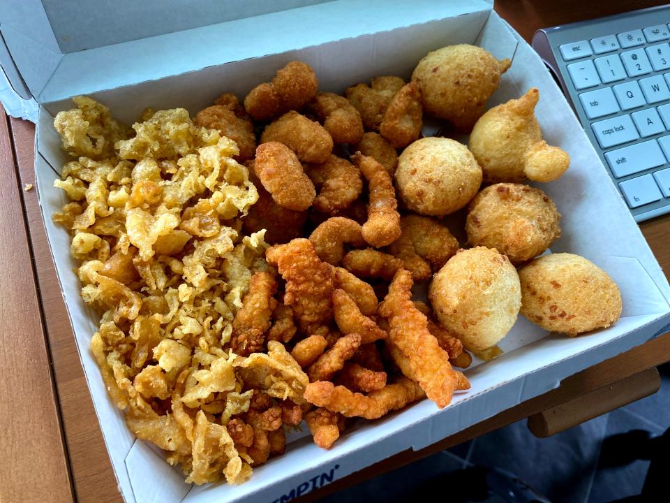 Fried clams, popcorn shrimp, hush puppies and extra crispies from Long John Silver's in Staunton.