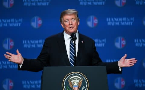 US President Donald Trump speaks during a press conference following the second US-North Korea summit in Hanoi on February 28, 2019