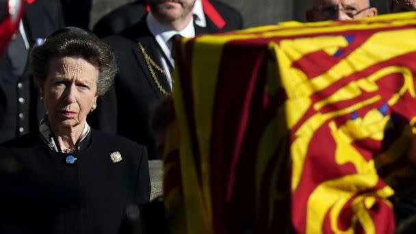 PHOTO: Princess Anne watches as the coffin of Queen Elizabeth II is taken to a hearse as it departs St Giles' Cathedral, in Edinburgh,  Sept. 13, 2022. (Jacob King/Pool via AP)