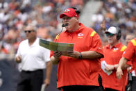Kansas City Chiefs head coach Andy Reid calls a play during the first half of an NFL preseason football game against the Chicago Bears Saturday, Aug. 13, 2022, in Chicago. (AP Photo/David Banks)