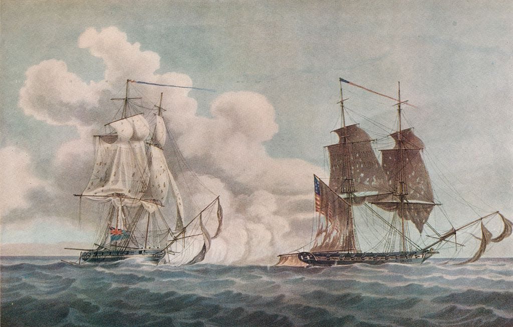 A drawing of two 19th-century ships with lots of sails