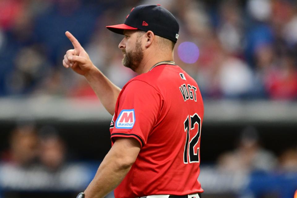 Guardians manager Stephen Vogt calls to the bullpen during the third inning against the Minnesota Twins, Sept. 16, 2024, in Cleveland.