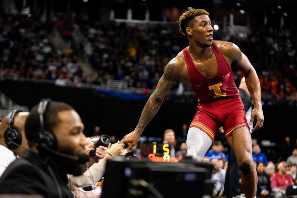 ISU's David Carr wrestles Penn State's Mitchell Mesenbrink in the 165 lbs. NCAA final Saturday, March 23, 2024, at the T Mobile Center in Kansas City.