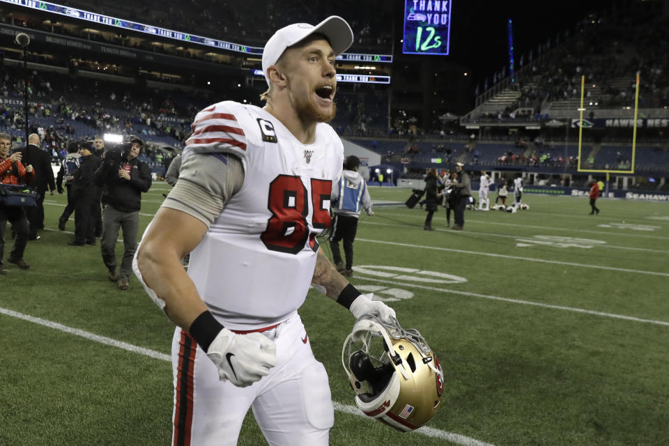 San Francisco 49ers tight end George Kittle celebrates after the 49ers beat the Seattle Seahawks 26-21 in an NFL football game, Sunday, Dec. 29, 2019, in Seattle. (AP Photo/Ted S. Warren)