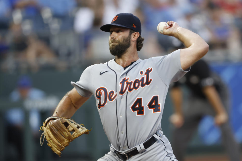 Detroit Tigers relief pitcher Daniel Norris (44) throws to a batter during the fifth inning of a baseball game against the Kansas City Royals at Kauffman Stadium in Kansas City, Mo., Saturday, July 24, 2021. (AP Photo/Colin E. Braley)