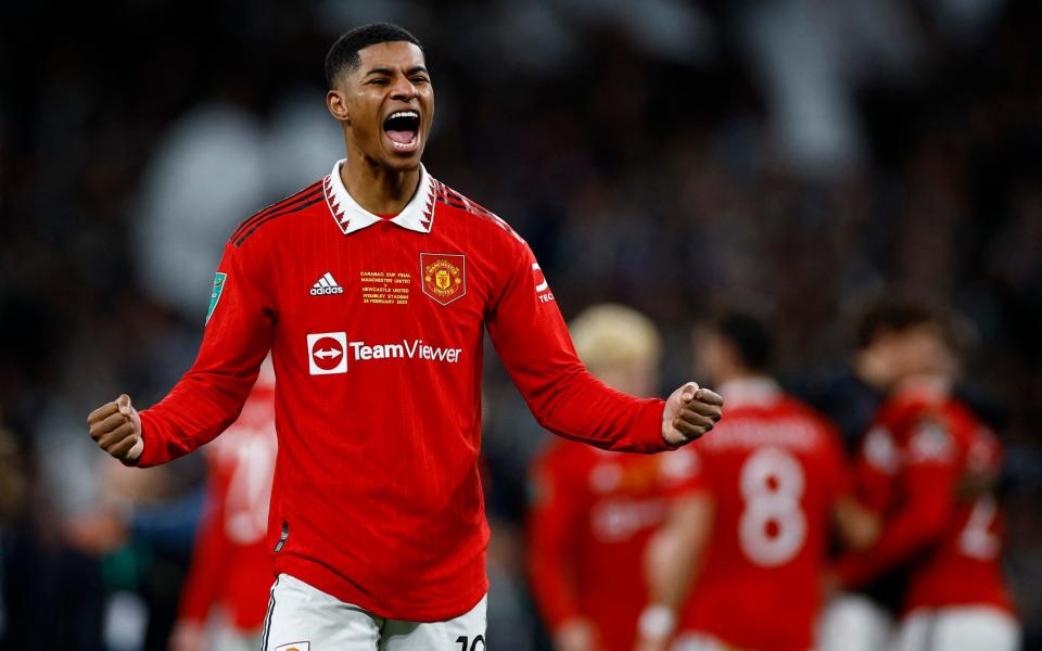 Manchester United's Marcus Rashford celebrates after winning the Carabao Cup final - Reuters/John Sibley