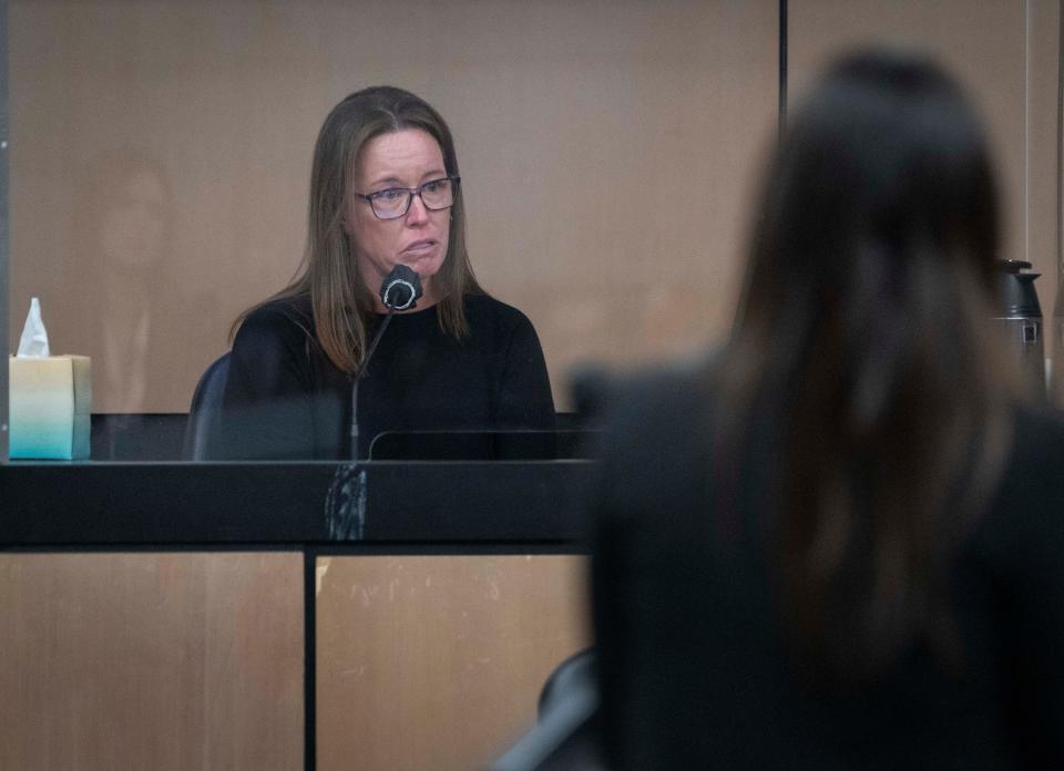 Stephanie Wilhelm speaks at the sentencing for her father Stephen Kruspe at the Palm Beach County Courthouse Monday. She called him a "controlling, selfish liar."