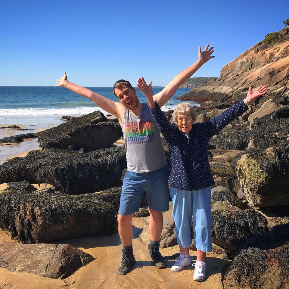 Brad Ryan and Grandma Joy of Duncan Falls, Ohio celebrate their visit to Maine's Acadia National Park in 2019.