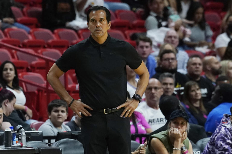 Miami Heat head coach Erik Spoelstra watches as the team falls behind the Minnesota Timberwolves during the second half of an NBA preseason game Tuesday, Oct. 4, 2022, in Miami. (AP Photo/Marta Lavandier)