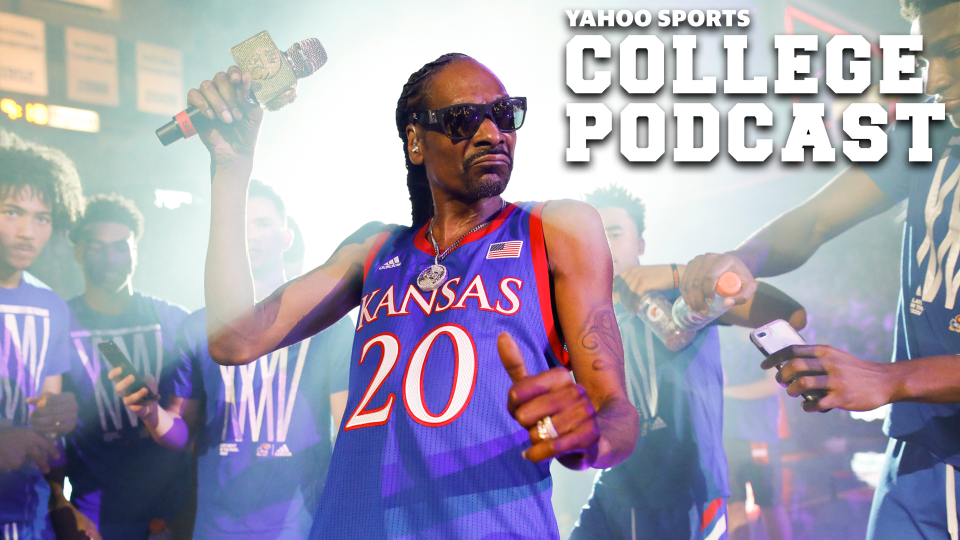 This past Friday, Oct. 4, 2019, rapper Snoop Dogg performs for the Allen Fieldhouse crowd during Late Night in the Phog, Kansas' annual NCAA college basketball kickoff at Allen Fieldhouse in Lawrence, Kan. (Nick Krug/The Lawrence Journal-World via AP)