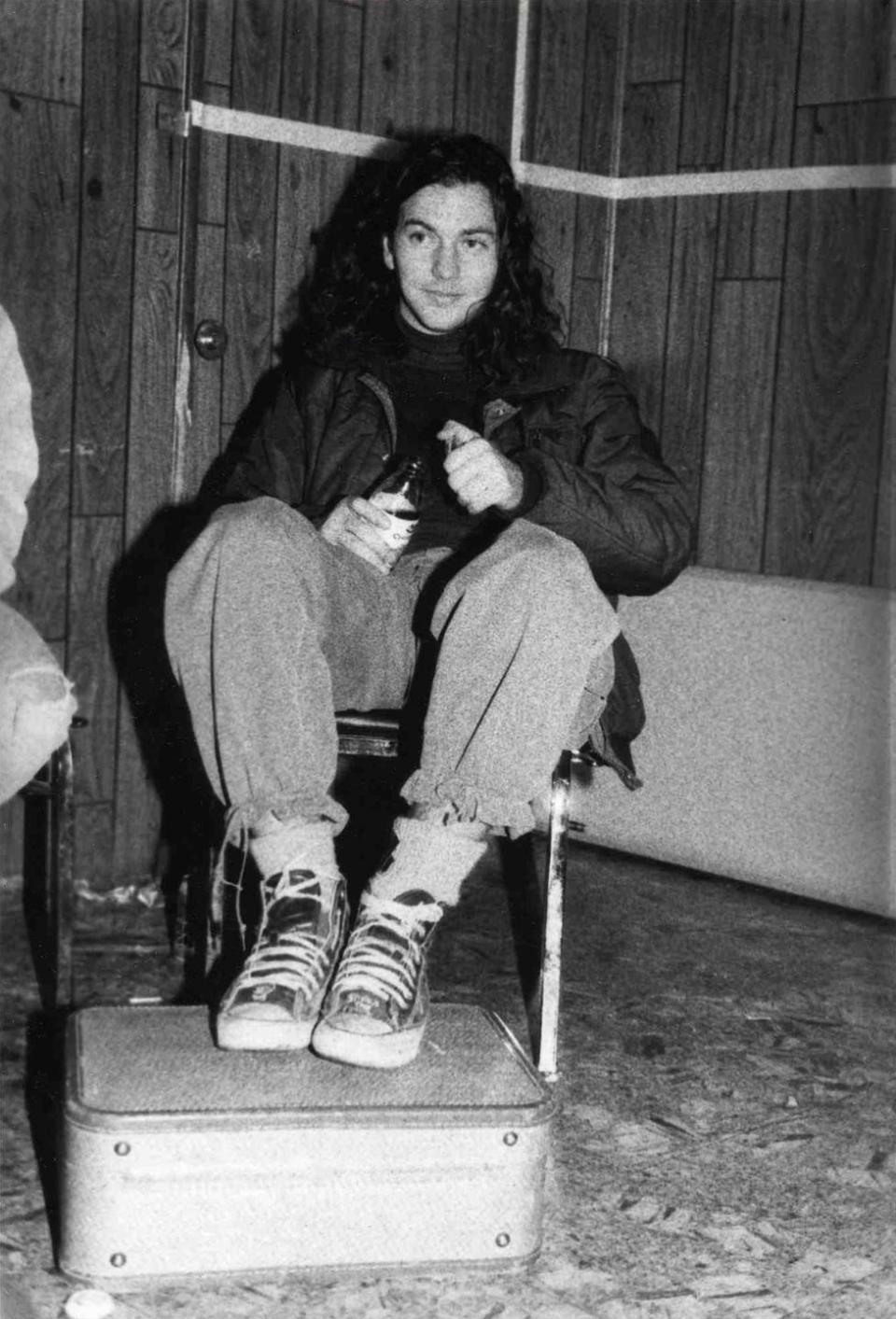 <p>Eddie Vedder backstage during Rock for Choice concert at The Hollywood Palladium on January 23, 1993 in Los Angeles.</p>