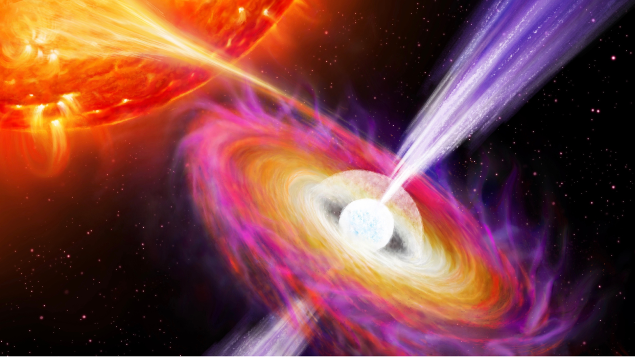  An illustration of a white orb surrounded by warm-toned, bright hazes in a disk shape. There are jets protruding from the orb. On the left of the image, a giant yellow and red star is seen stealing some of that disk material. 