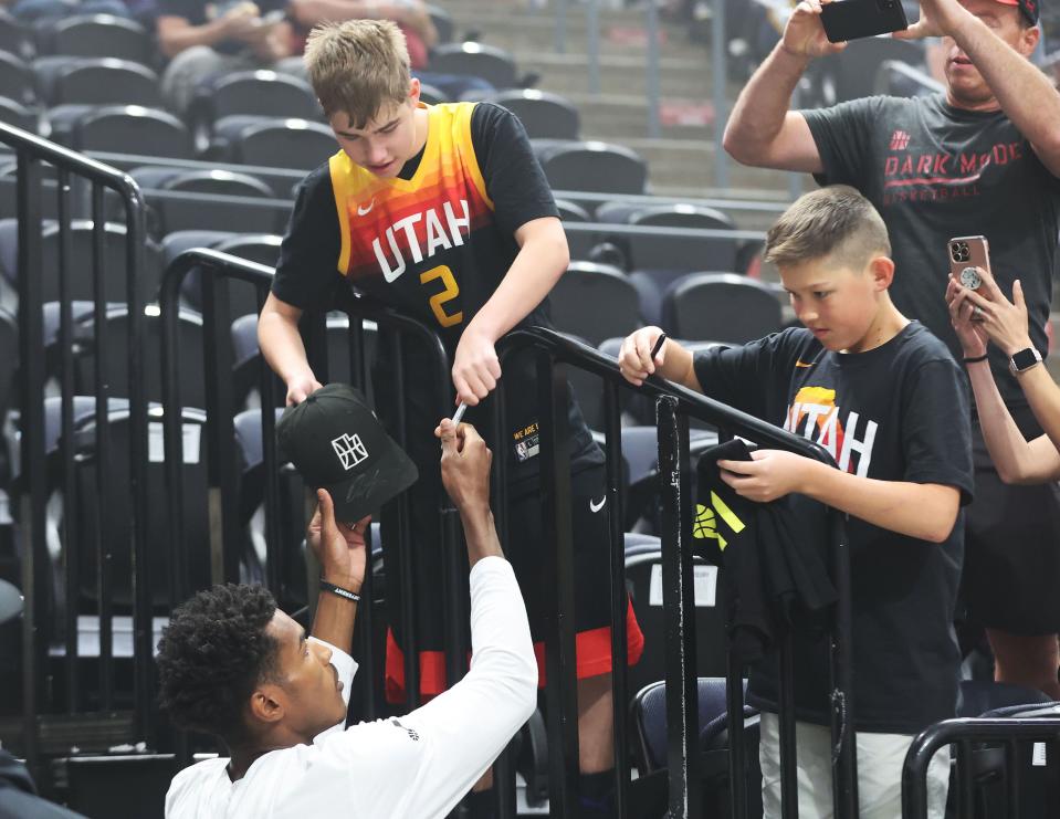 Utah Jazz player Ochai Agbaji signs autographs during a draft fan event in Salt Lake City on Thursday, June 22, 2023 during the NBA draft. | Jeffrey D. Allred, Deseret News