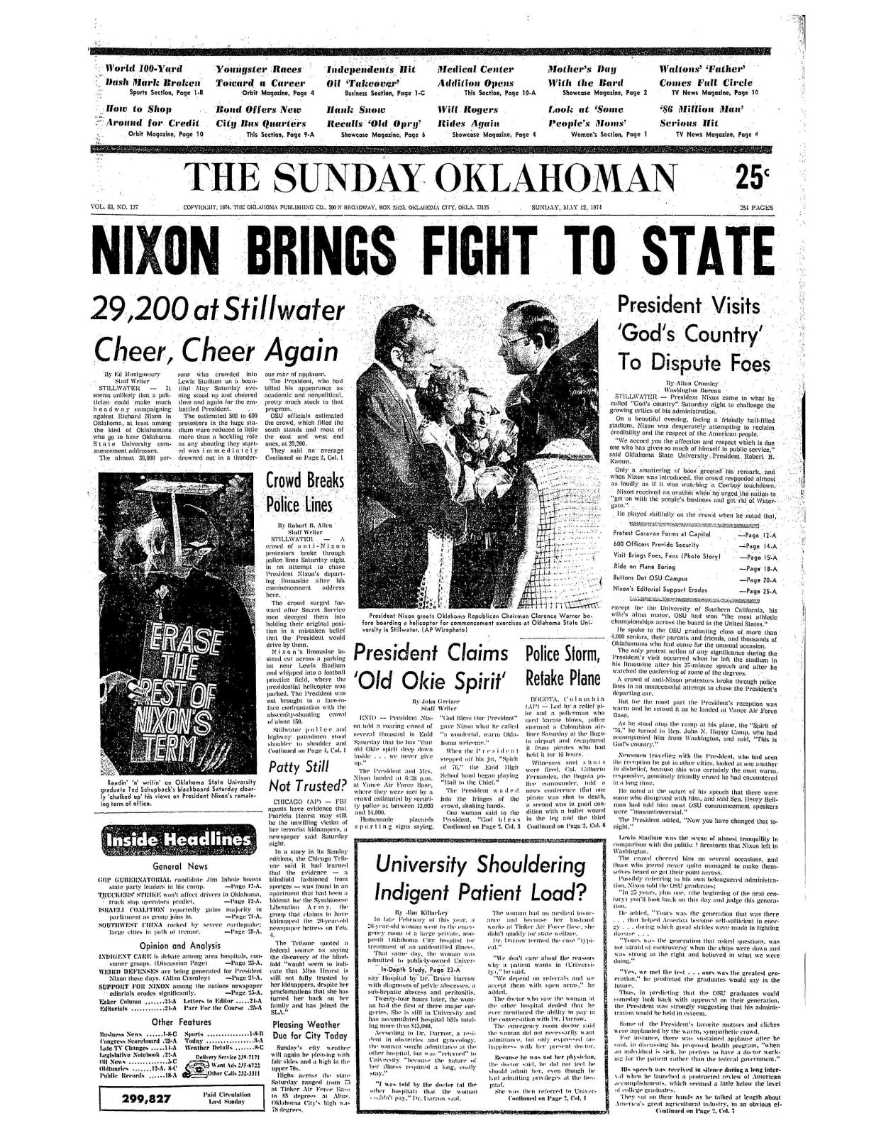 The front page of The Sunday Oklahoman on May 12, 1974.