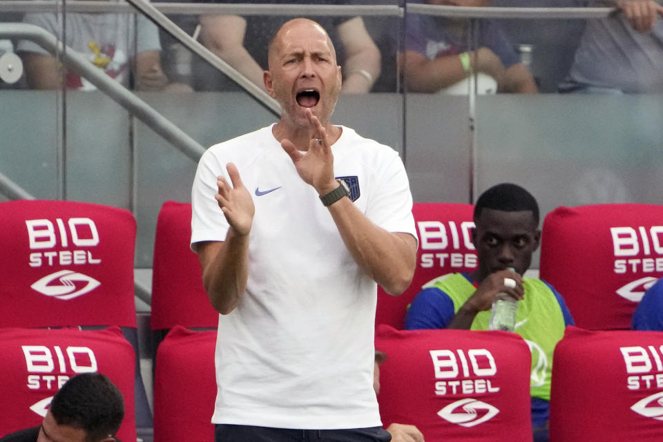 United States head coach Gregg Berhalter yells from the sideline during the second half of an international friendly soccer match against Uzbekistan Saturday, Sept. 9, 2023, in St. Louis. (AP Photo/Jeff Roberson)