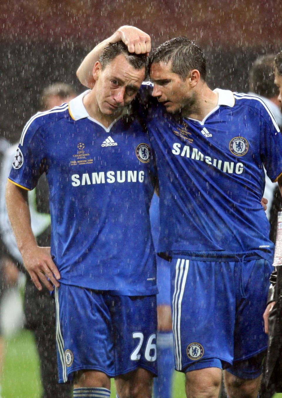 John Terry, left, missed the decisive penalty as Manchester United defeated Chelsea in the 2008 Champions League final after a tense shootout (Martin Rickett/PA) (PA Archive)